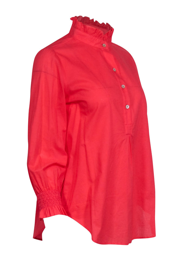 Current Boutique-Tuckernuck - Coral Pink Three Quarter Button Front Ruffle Collar Top Sz S