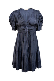 Current Boutique-Ulla Johnson - Navy V-Neckline Satin Short Sleeve Dress Sz 0