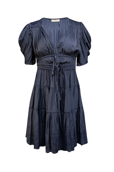 Current Boutique-Ulla Johnson - Navy V-Neckline Satin Short Sleeve Dress Sz 0
