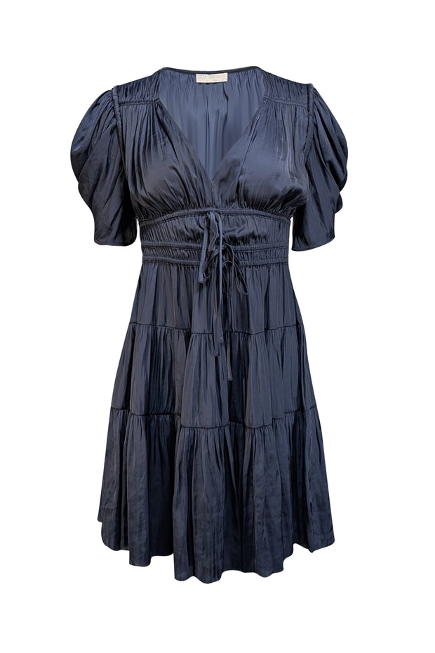 Current Boutique-Ulla Johnson - Navy V-Neckline Satin Short Sleeve Dress Sz 0