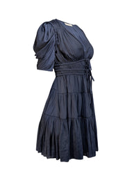 Current Boutique-Ulla Johnson - Navy V-Neckline Satin Short Sleeve Dress Sz 0
