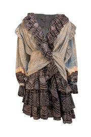 Ulla Johnson - Cream, Blue, & Brown Printed Ruffled Crepon Dress Sz 4 - Current Boutique