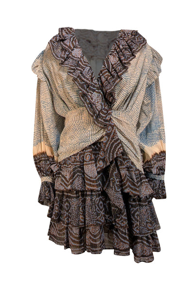 Ulla Johnson - Cream, Blue, & Brown Printed Ruffled Crepon Dress Sz 4 - Current Boutique