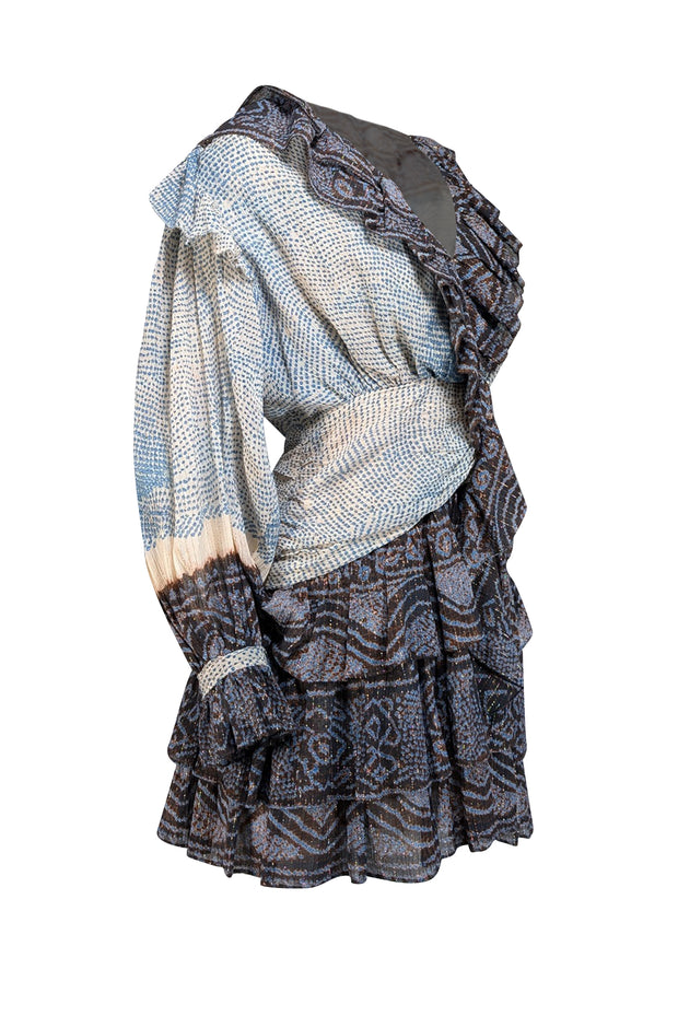 Ulla Johnson - Cream, Blue, & Brown Printed Ruffled Crepon Dress Sz 4 - Current Boutique
