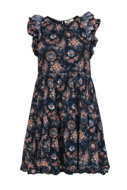Current Boutique-Ulla Johnson - Navy Floral Print Sleeveless Ruffled Mini Dress Sz 4