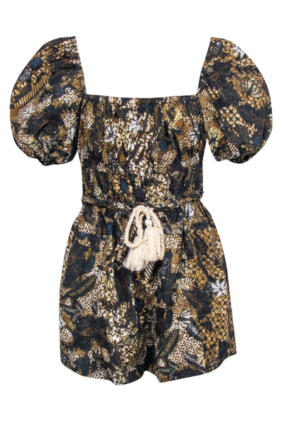 Current Boutique-Ulla Johnson - Black & Gold Print Puff Sleeve Romper Sz 4