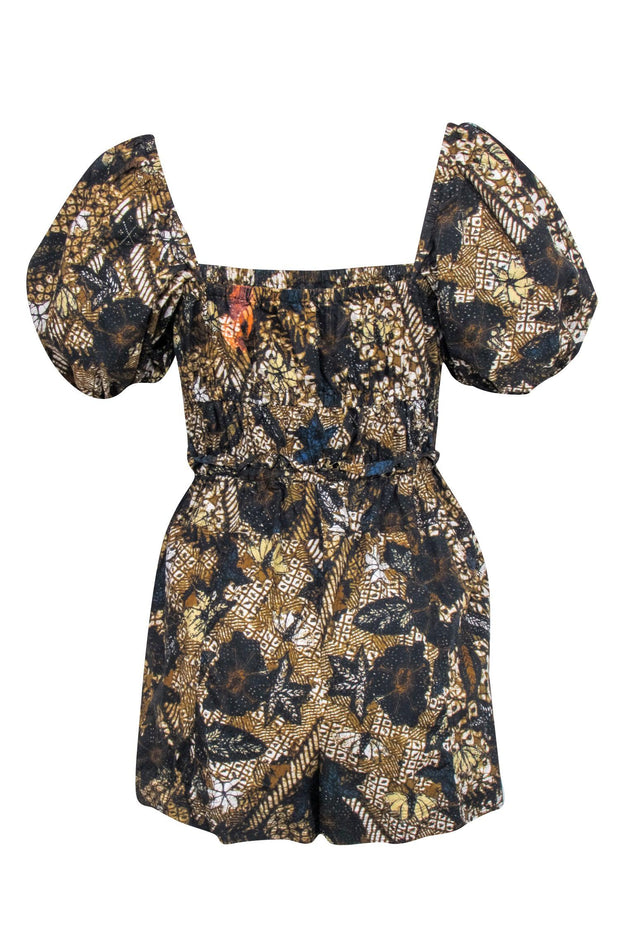Current Boutique-Ulla Johnson - Black & Gold Print Puff Sleeve Romper Sz 4