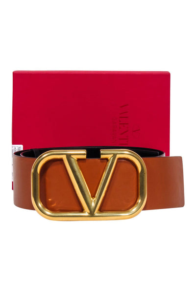 Current Boutique-Valentino - Camel Brown / Black VLogo Reversible Thick Leather Belt Sz S