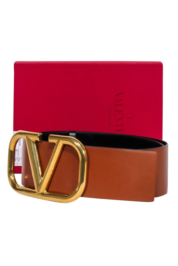 Current Boutique-Valentino - Camel Brown / Black VLogo Reversible Thick Leather Belt Sz S