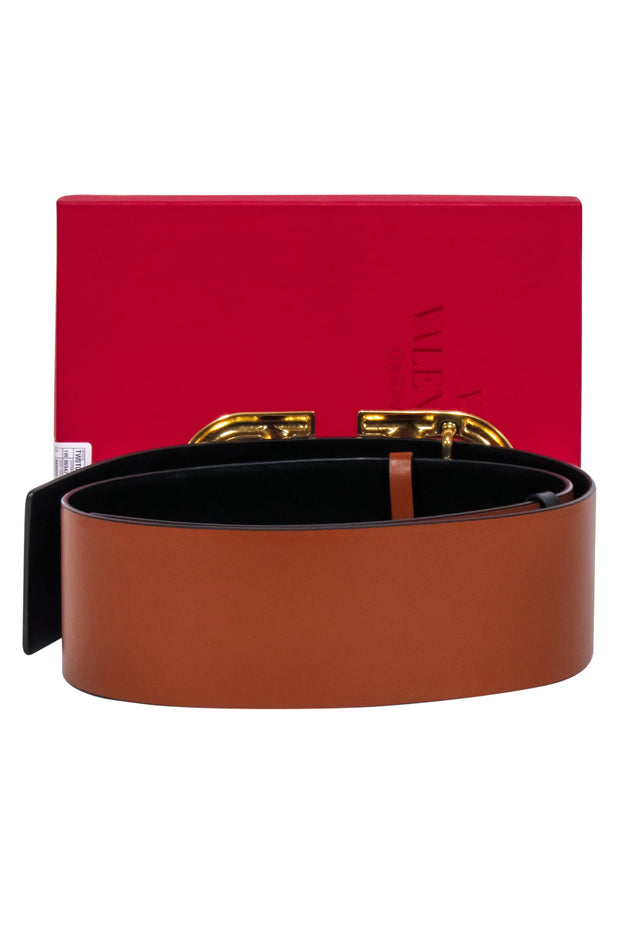 Current Boutique-Valentino - Camel Brown / Black VLogo Reversible Thick Leather Belt Sz S