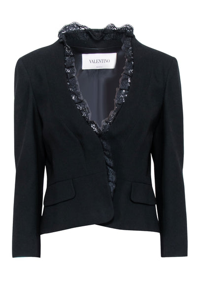 Current Boutique-Valentino - Black Open-Front Blazer w/ Lace Trim Sz 8