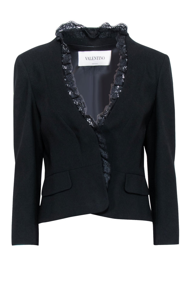 Current Boutique-Valentino - Black Open-Front Blazer w/ Lace Trim Sz 8