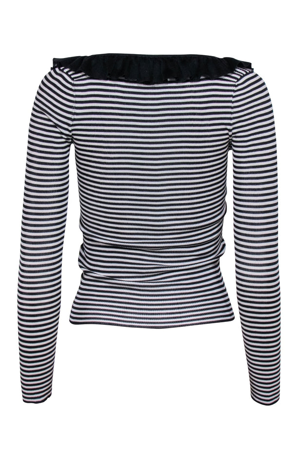 Current Boutique-Valentino - Black & White Stripe Ribbed Knit w/ Ruffle Neck Top Sz M