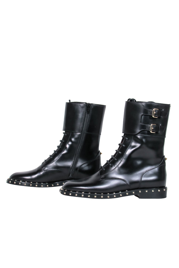 Current Boutique-Valentino - Black Studded Trim Combat Boots Sz 6.5
