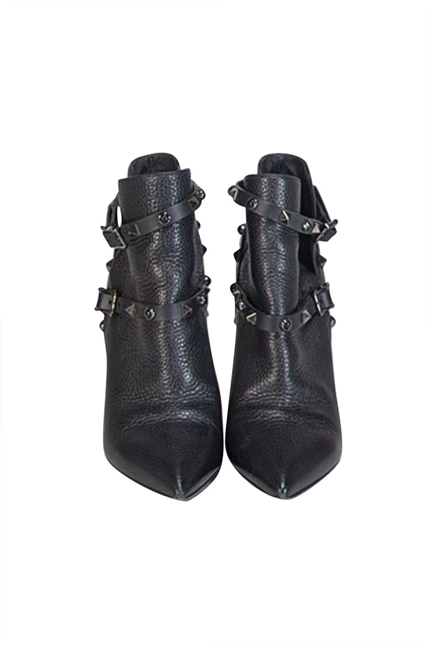 Current Boutique-Valentino - Black Pebbled Leather Studded Trim Short Heel Boots Sz 7