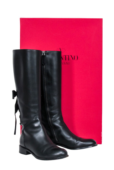 Current Boutique-Valentino - Black Leather Lace Up Bow Tall Boots Sz 7