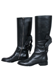 Current Boutique-Valentino - Black Leather Lace Up Bow Tall Boots Sz 7
