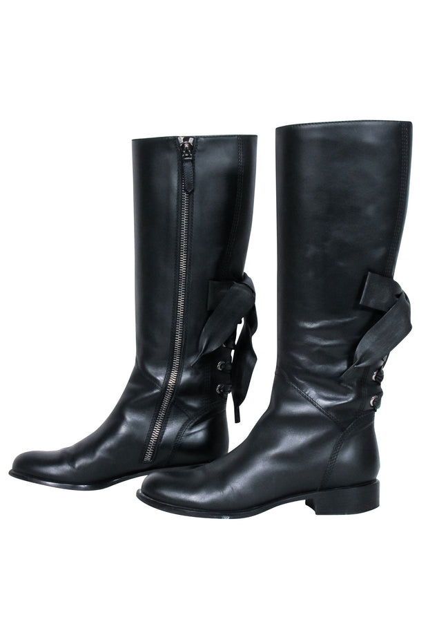 Current Boutique-Valentino - Black Leather Lace Up Bow Tall Boots Sz 7