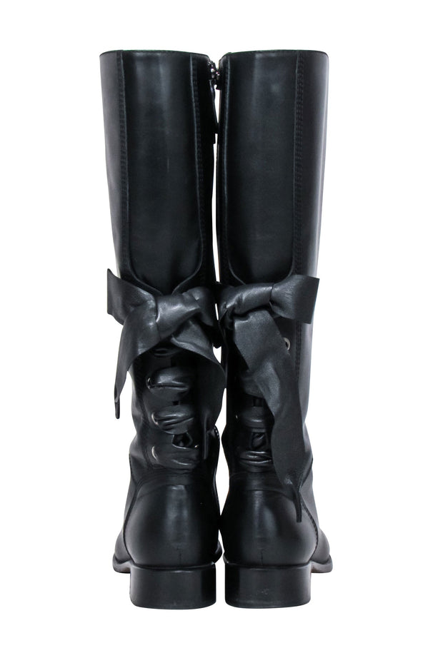 Current Boutique-Valentino - Black Leather Lace Up Bow Tall Boots Sz 7