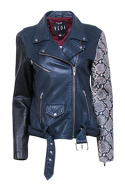Current Boutique-Veda - Navy & Black Lamb Leather Moto Jacket w/ Snakeskin Print Sleeve Sz L