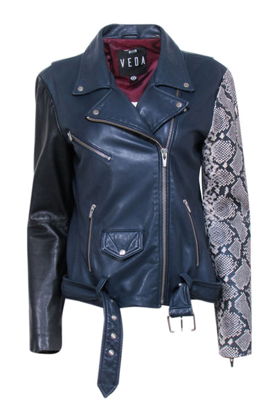 Current Boutique-Veda - Navy & Black Lamb Leather Moto Jacket w/ Snakeskin Print Sleeve Sz L