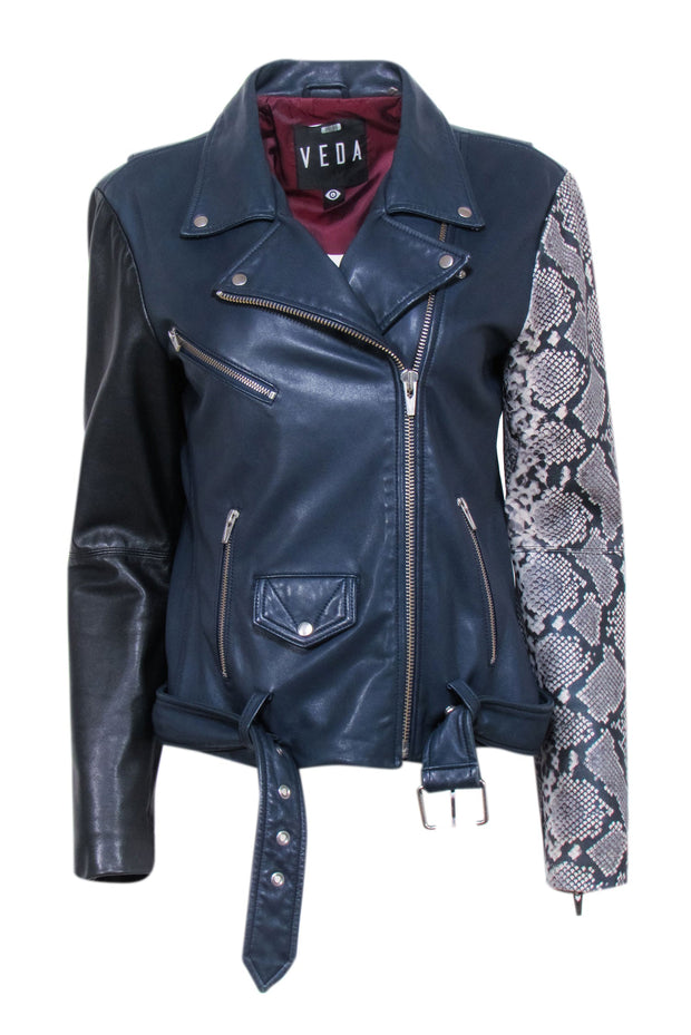 Current Boutique-Veda - Navy & Black Lamb Leather Moto Jacket w/ Snakeskin Print Sleeve Sz L