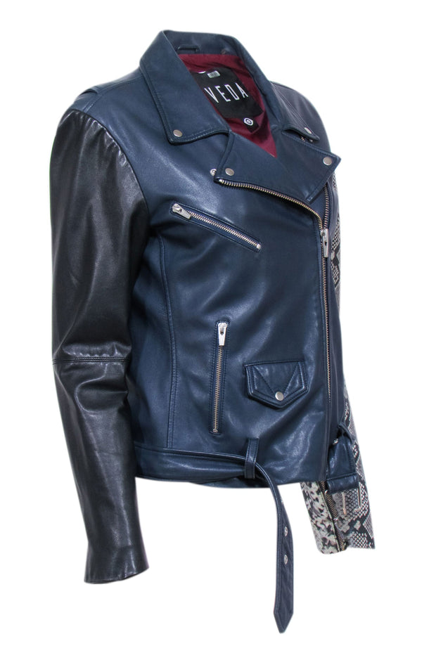 Current Boutique-Veda - Navy & Black Lamb Leather Moto Jacket w/ Snakeskin Print Sleeve Sz L