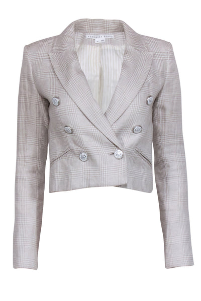 Current Boutique-Veronica Beard - Beige & Cream Plaid Linen Blend Cropped Blazer Sz 00
