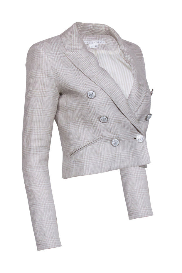 Current Boutique-Veronica Beard - Beige & Cream Plaid Linen Blend Cropped Blazer Sz 00