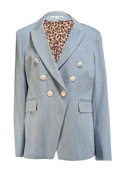 Veronica Beard - Denim Double Breasted Blazer w/ Leopard Print Lining Sz 16 - Current Boutique