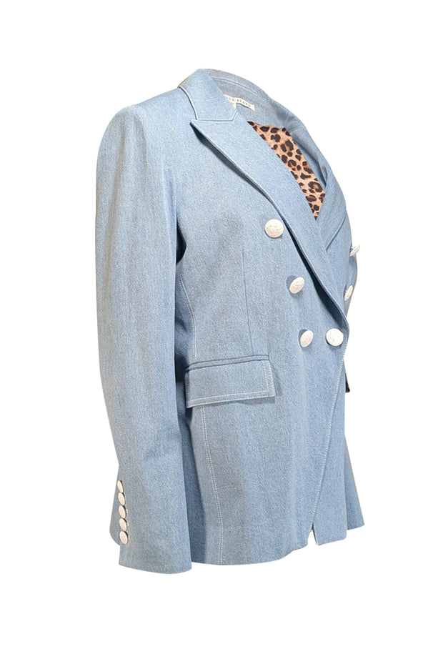 Veronica Beard - Denim Double Breasted Blazer w/ Leopard Print Lining Sz 16 - Current Boutique