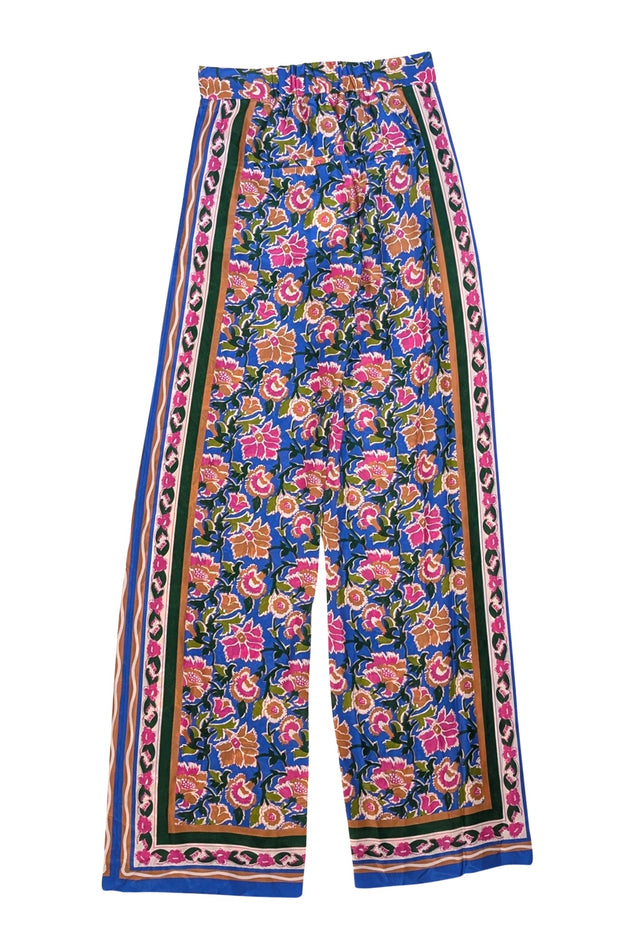 Veronica Beard - Blue, Pink, Tan, & Green Floral Print Silk Pants Sz 6 - Current Boutique