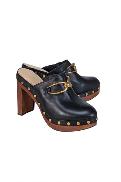 Current Boutique-Veronica Beard - Black Leather Studded Trim Clogs Sz 8.5