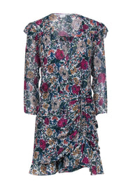 Current Boutique-Veronica Beard - White w/ Green, Pink, & Blue Floral Print Ruched Bottom Dress Sz 10