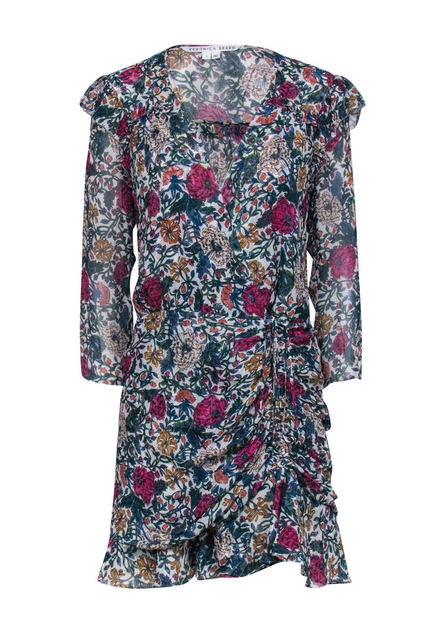 Current Boutique-Veronica Beard - White w/ Green, Pink, & Blue Floral Print Ruched Bottom Dress Sz 10