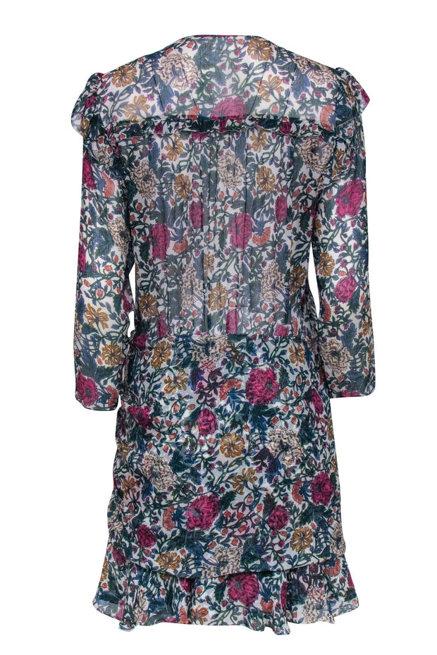 Current Boutique-Veronica Beard - White w/ Green, Pink, & Blue Floral Print Ruched Bottom Dress Sz 10