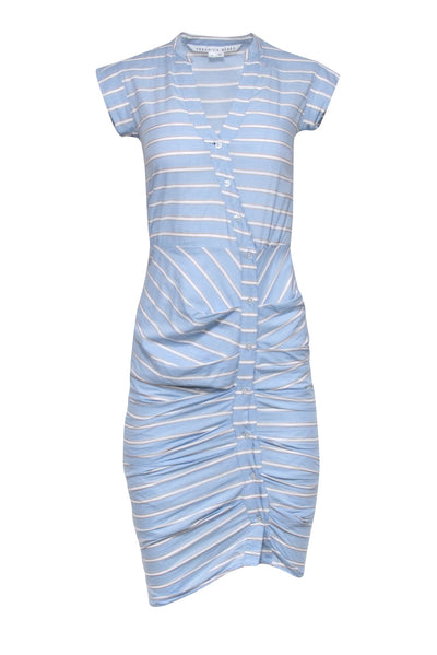 Current Boutique-Veronica Beard - Baby Blue Striped Cap Sleeve Ruched Button Front Dress Sz 00
