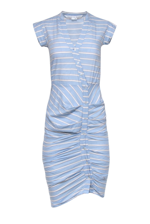 Current Boutique-Veronica Beard - Baby Blue Striped Cap Sleeve Ruched Button Front Dress Sz 00