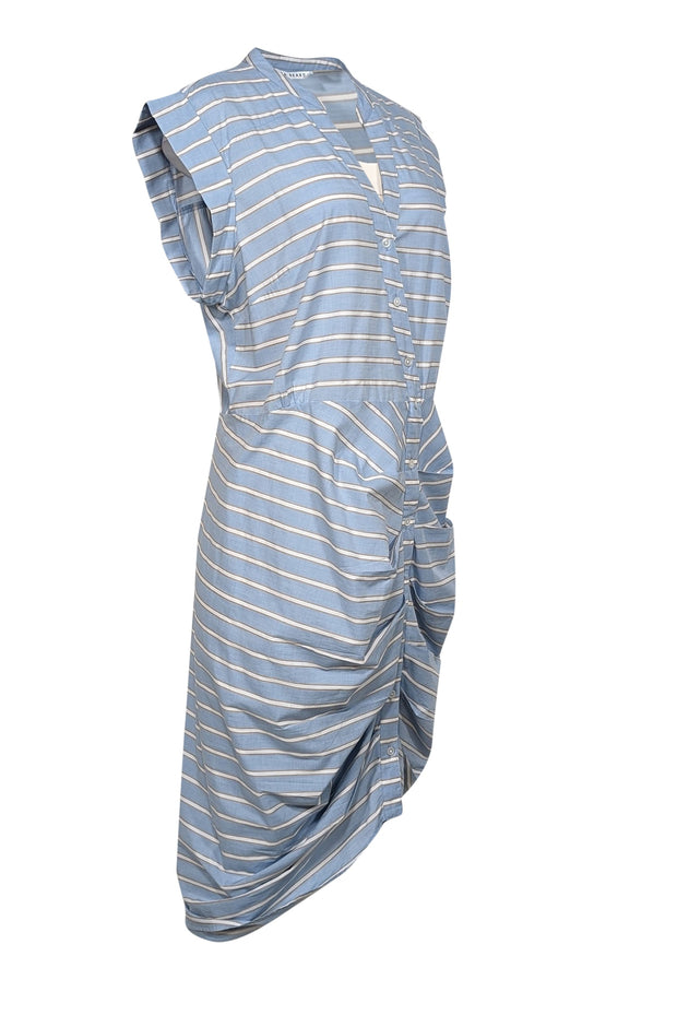 Current Boutique-Veronica Beard - Baby Blue Striped Cap Sleeve Ruched Button Front Dress Sz 14