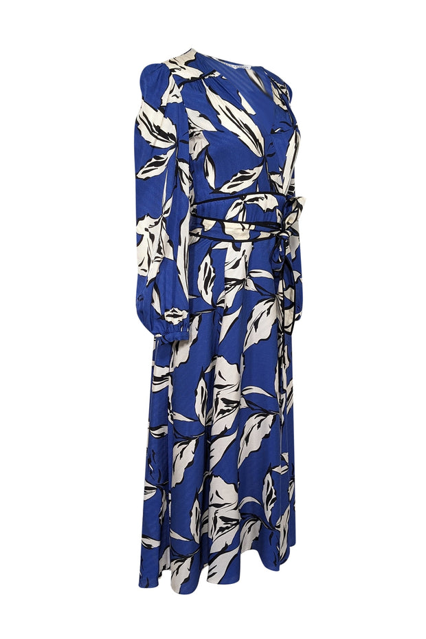Current Boutique-Veronica Beard - Cobalt Blue w/ Ivory & Black Botanical Print Silk Jacquard Dress Sz 2