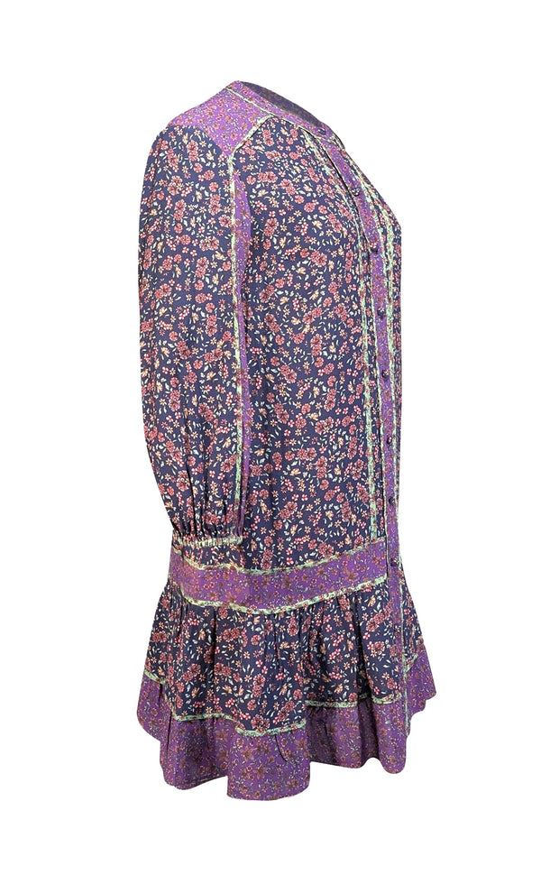Veronica Beard - Navy, Purple, & Green Floral Print Mini Dress Sz 6 - Current Boutique