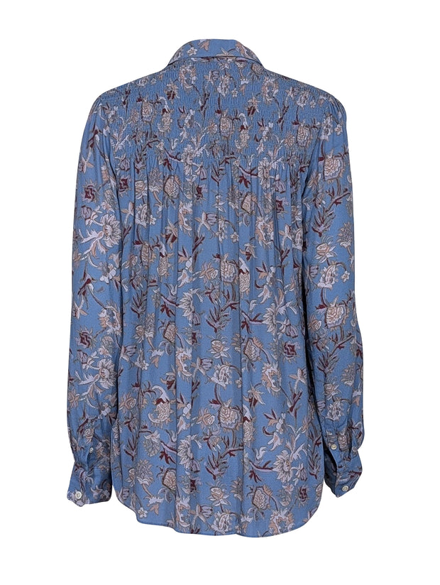 Current Boutique-Veronica Beard - Blue Multicolor Floral Print Smocked Blouse Sz 4