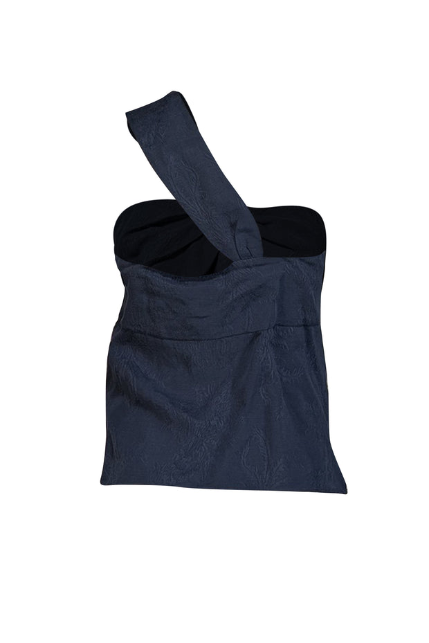 Current Boutique-Veronica Beard - Navy Floral Jacquard Gathered One Shoulder Top Sz 6