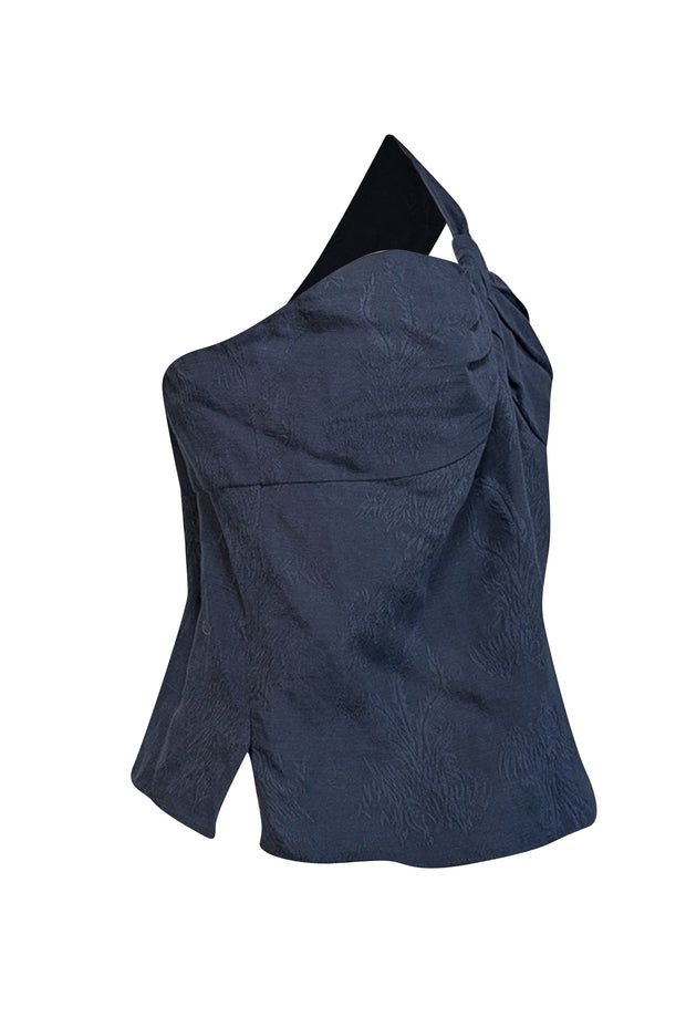 Current Boutique-Veronica Beard - Navy Floral Jacquard Gathered One Shoulder Top Sz 6