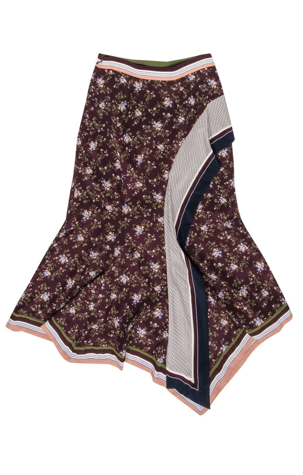 Current Boutique-Veronica Beard - Maroon Floral Print Skirt w/ Striped Asymmetrical Hem Sz 00