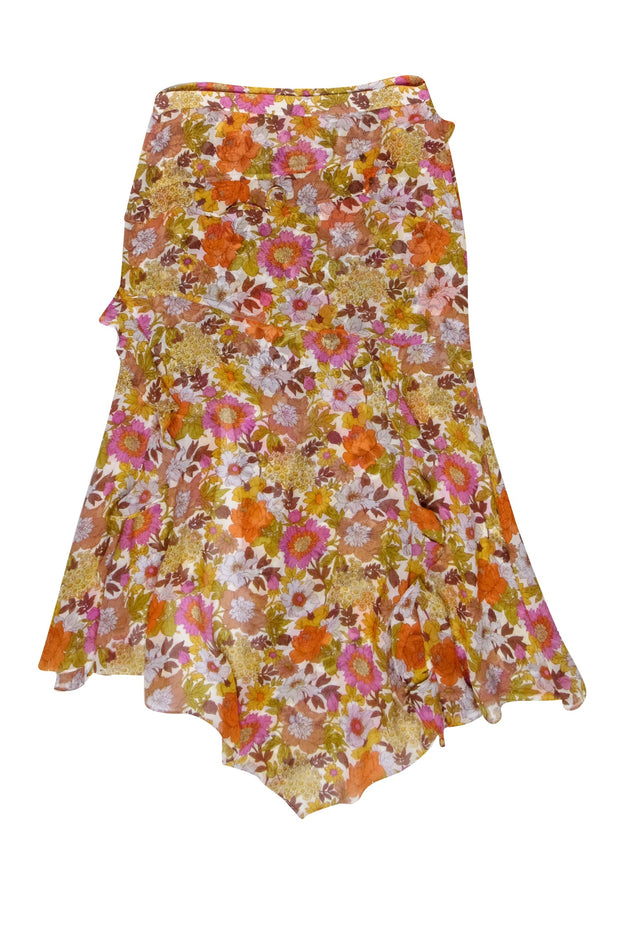 Current Boutique-Veronica Beard - Ivory w/ Yellow Multicolor Floral Print Silk Ruffled Skirt Sz 6