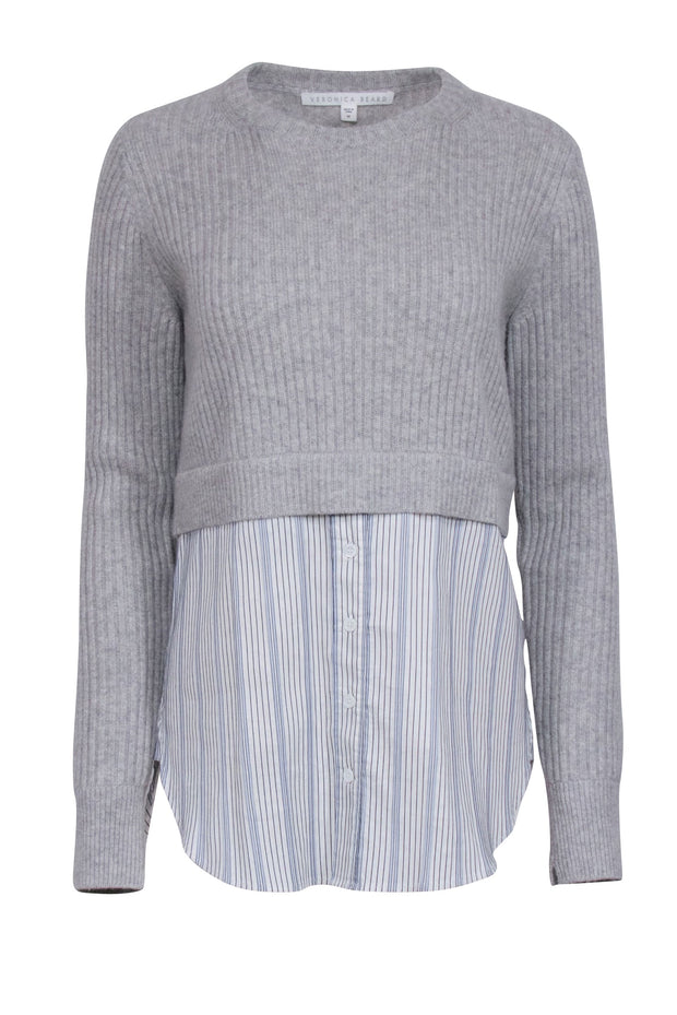 Current Boutique-Veronica Beard - Grey Cashmere "Garrett" Sweater w/ Striped Shirting Sz M