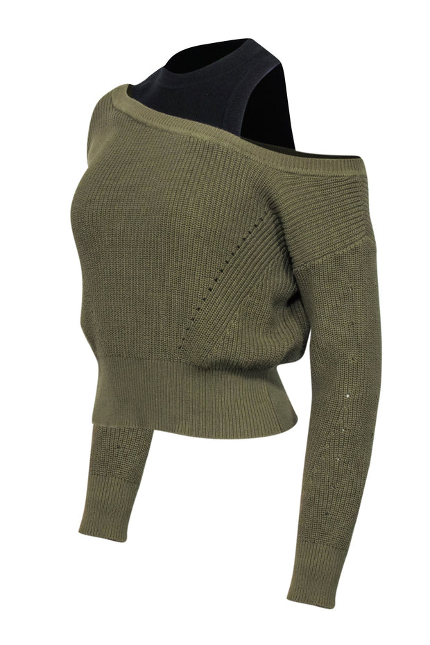 Current Boutique-Veronica Beard - Green & Black Cold Shoulder Sweater Sz XS