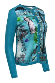 Current Boutique-Versace Collection - Teal Sculpture Print Silk & Wool Blend Cardigan 6