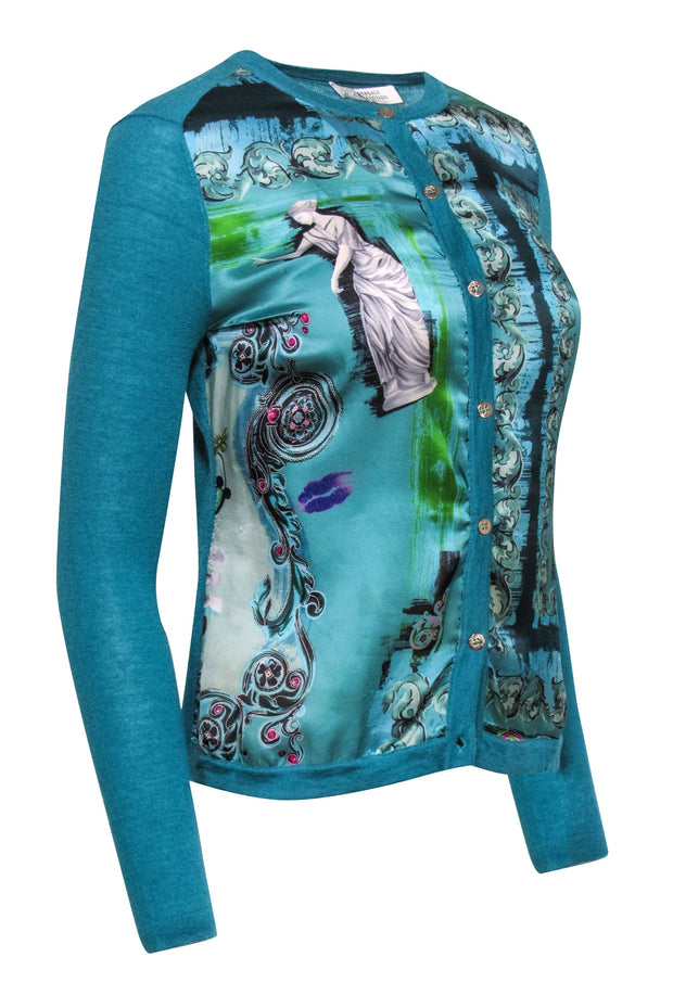 Current Boutique-Versace Collection - Teal Sculpture Print Silk & Wool Blend Cardigan 6